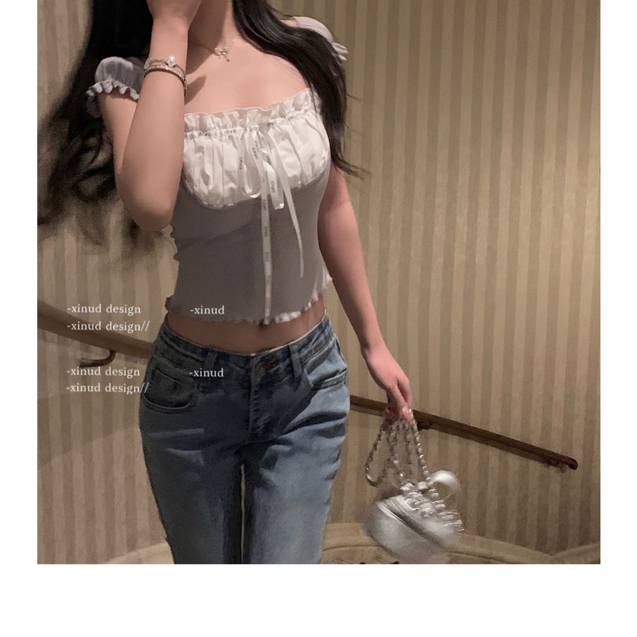 Áo Kiểu Tay Ngắn Cổ Vuông Cột Dây Thời Trang Xinh Xắn Cho Nữ