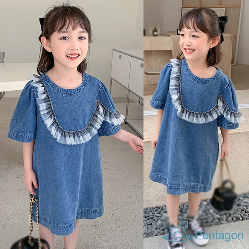 Đầm Denim Cổ Tròn Tay Phồng Màu Trơn Thời Trang Hàn Quốc Xinh Xắn Cho Bé Gái