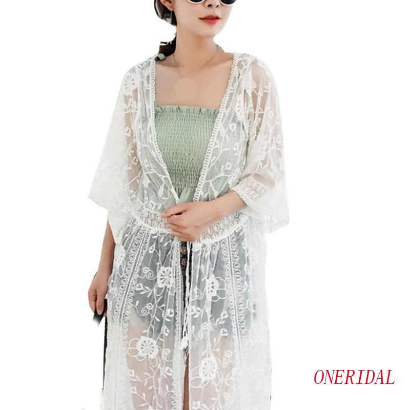 Áo Khoác Ren Mỏng Kimono Tay Lửng Hở Ngực Thêu Hoa Quyến Rũ Cho Nữ