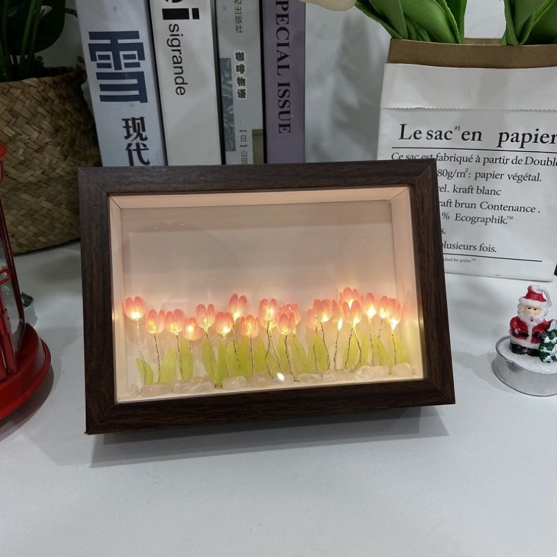 [16 Hoa Tulip] Đèn Bàn Khung Gỗ Hình Chữ Nhật Làm Quà Lưu Niệm Ý Nghĩa