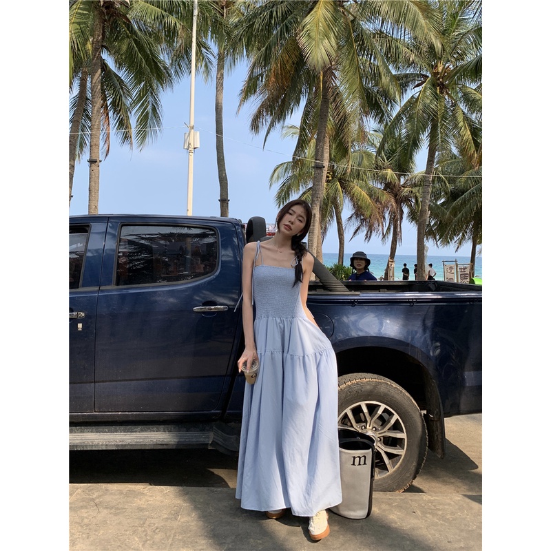 SUXI Đầm Hai Dây Dáng Dài Màu Sắc Trơn Thời Trang Mùa Hè Phong Cách Hàn Quốc Cho Nữ