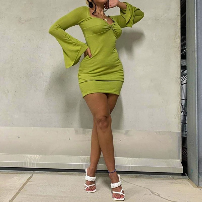 Đầm Mini Ôm Dáng Tay Dài Loe Cổ Xoắn Thắt Nút Trước Thời Trang Cho Nữ