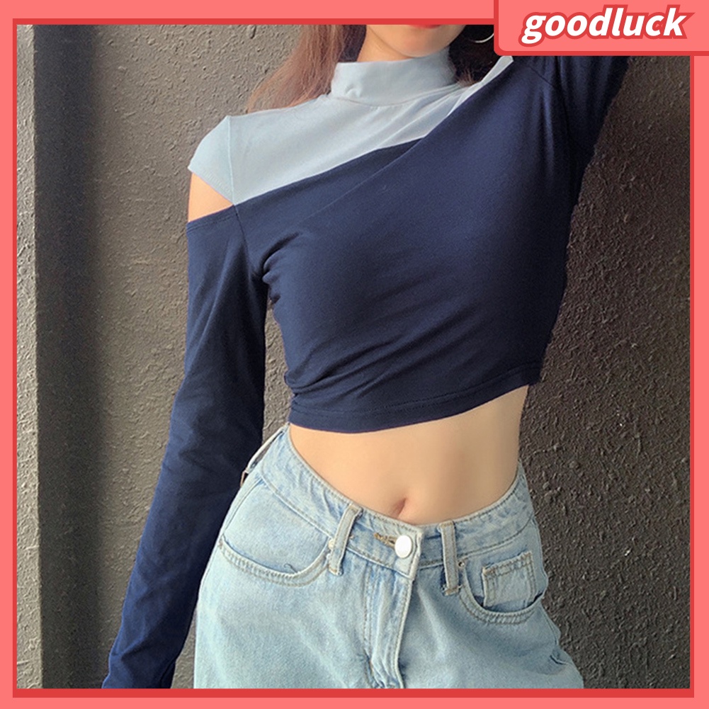 Áo Croptop Tay Dài Hở Vai Màu Sắc Khối Rỗng Thời Trang Đường Phố Cho Nữ