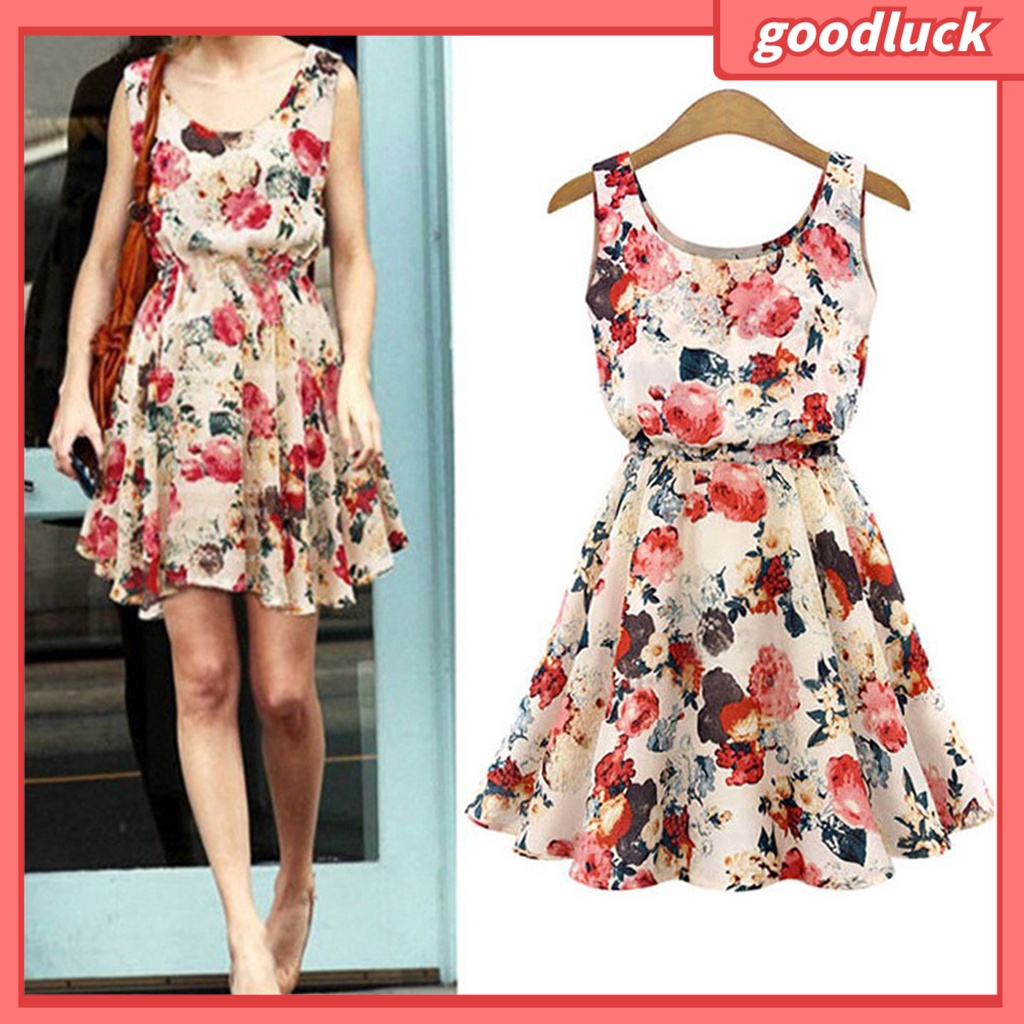 [ULK] Đầm Voan Dáng Chữ A Không Tay Cổ Tròn Họa Tiết Hoa Nhiều Màu Sắc Thời Trang Mùa Hè Đi Biển Dành Cho Nữ