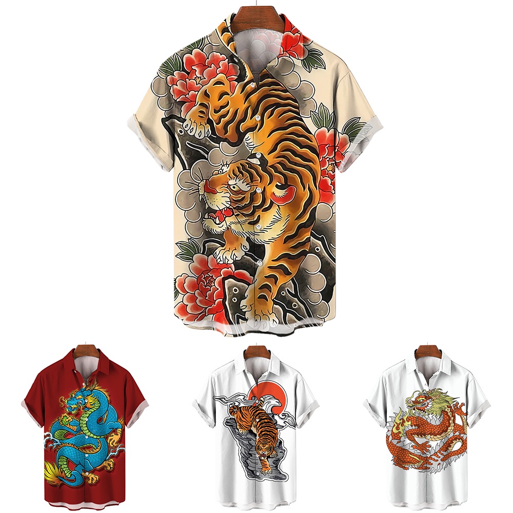 Áo Sơ Mi Ngắn Tay Không Phai Màu In Hình Rồng Hổ 3D Thời Trang Mùa Hè Cho Nam