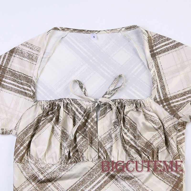 Áo Thun Ngắn Tay Cổ Vuông Buộc Dây Họa Tiết Sọc Caro Thời Trang Mùa Hè Cho Nữ