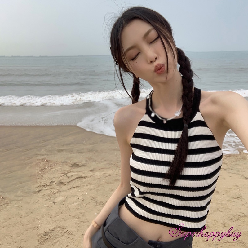 Áo Tank Top Dệt Kim Sát Nách Dáng Ôm In Họa Tiết Kẻ Sọc Thời Trang Mùa Hè Cho Nữ