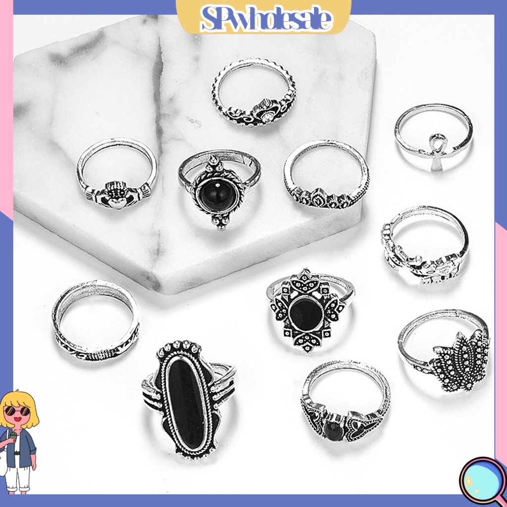 <SPwholesale> Bộ 11 Nhẫn Hợp Kim Đính Đá Nhân Tạo Màu Đen Phong Cách Bohemian