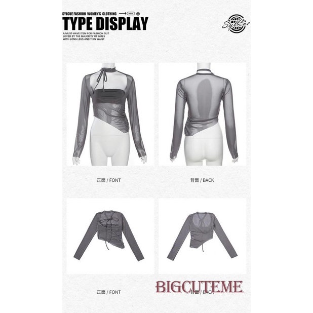 Áo Croptop Tay Dài Cổ Vuông Phối Lưới Màu Sắc Đơn Giản Cho Nữ