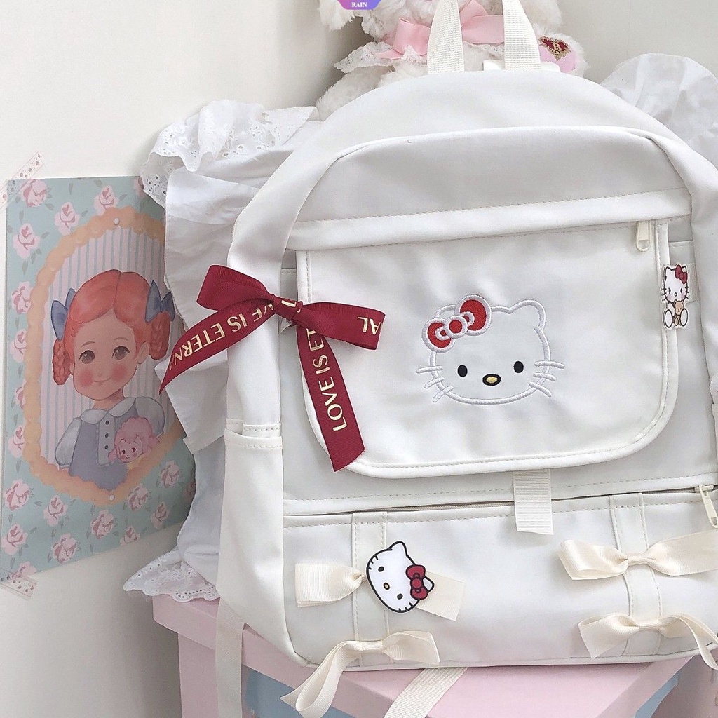 Ba Lô Vải Canvas Cỡ Lớn Có Khóa Kéo Họa Tiết Hoạt Hình Sanrio Hello Kitty Màu Trắng Cho Nữ