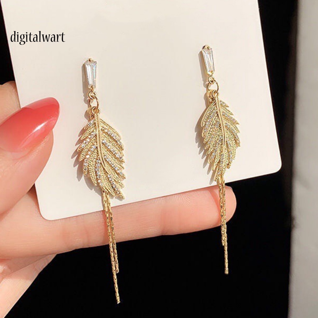 Kỹ Thuật Số| 1 Đôi Bông Tai Dáng Dài Hình Chiếc Lá Đính Đá Sáng Bóng Dành Cho Nữ