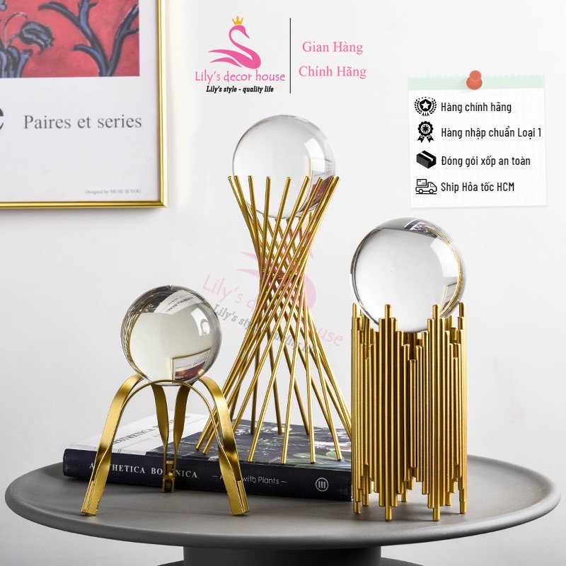 Quả Cầu Pha Lê Trụ Vàng Trưng Bày Phong Cách Bắc Âu Lily's decor house nghệ thuật decor trang trí nhà cửa kệ tủ văphòng