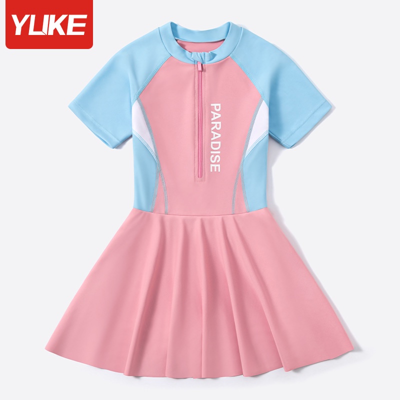 Đồ bơi bé gái, chân váy liền thân tay ngắn, chất vải co giãn, kiểu dáng thể thao phù hợp cho bé từ 22kg – 50kg