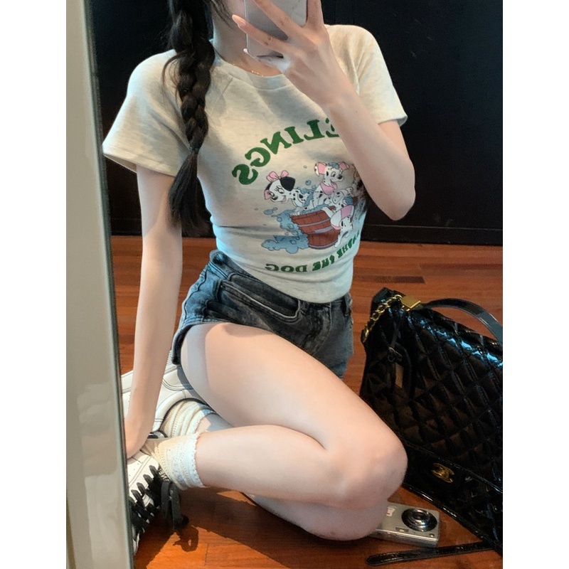 Áo Thun Ngắn Tay Dáng Ôm In Họa Tiết Hoạt Hình Cún Con Đáng Yêu Thời Trang Mùa Hè Cho Nữ