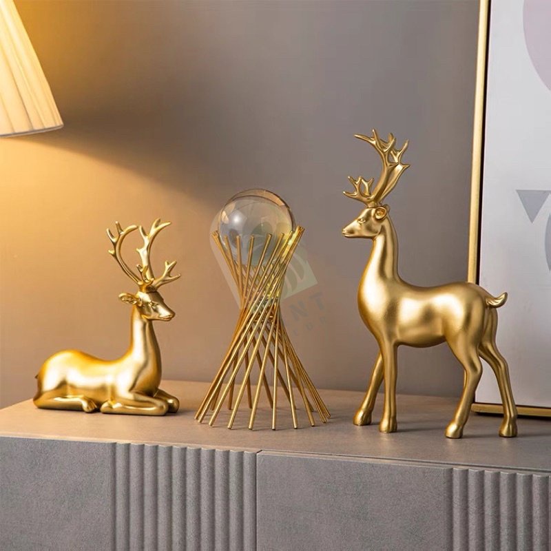 Cặp Hươu tài Lộc pha Lê chéo trụ vàng MINT DECOR trang trí nội thất decor kệ tủ quà tặng khai trương Tân Gia