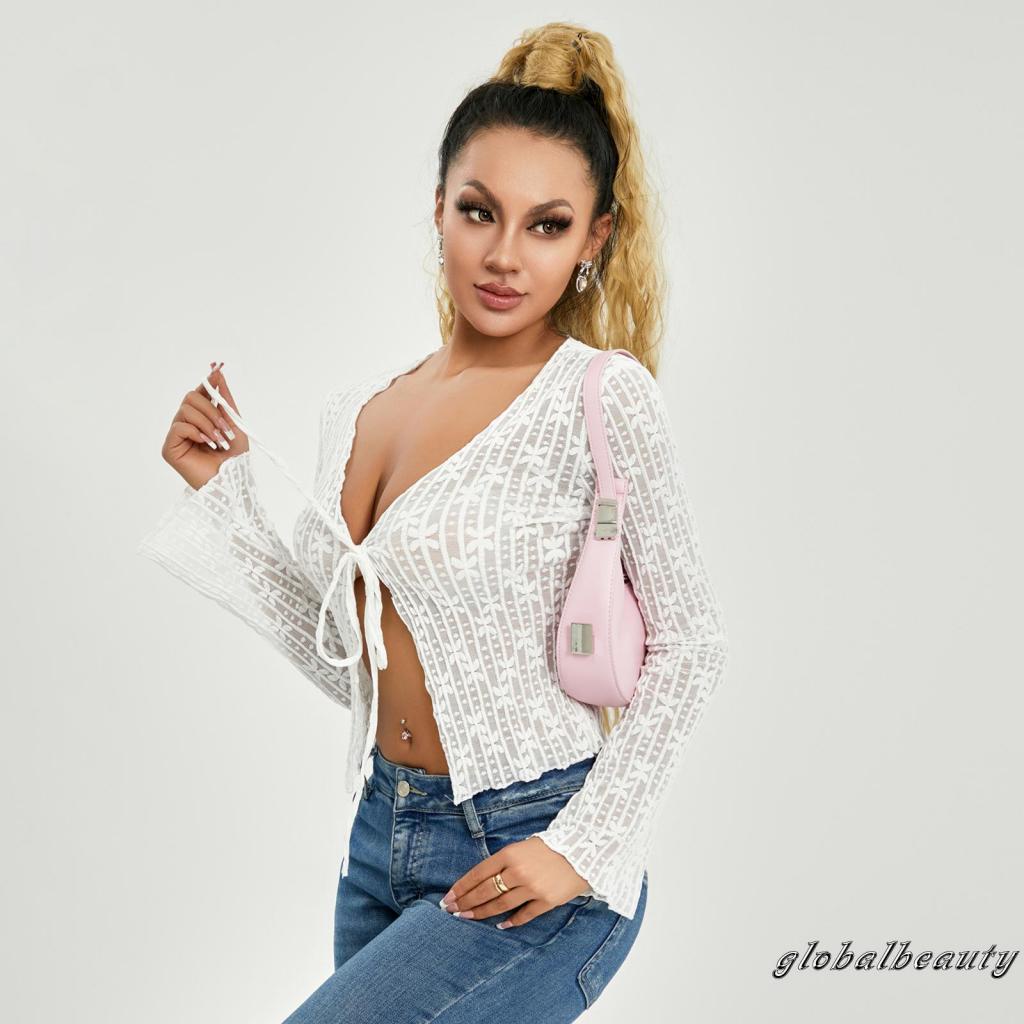 Áo Croptop Tay Dài Cổ Chữ V Họa Tiết Hoa Thời Trang Xuân Hè Cho Nữ