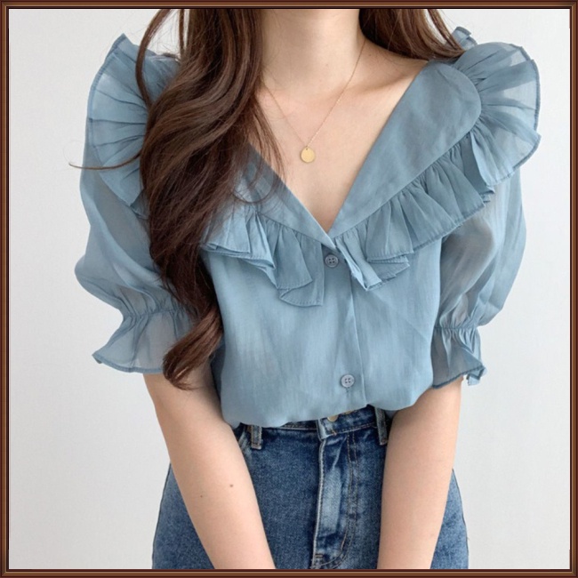 Áo Chiffon Tay Phồng Ngắn Cổ Chữ V Thoáng Khí Thời Trang Mùa Hè Cho Nữ