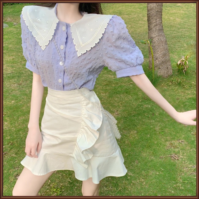 Áo Sơ Mi Cotton Tay Phồng Ngắn Cổ Búp Bê Thời Trang Retro Pháp Cho Nữ