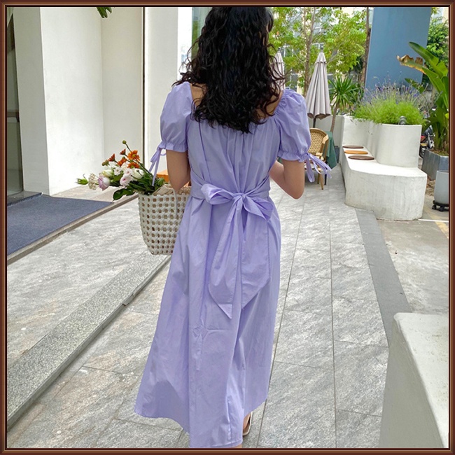 Đầm Dài Cổ Vuông Tay Phồng Thắt Nơ Eo Màu Trơn Thời Trang Dành Cho Nữ