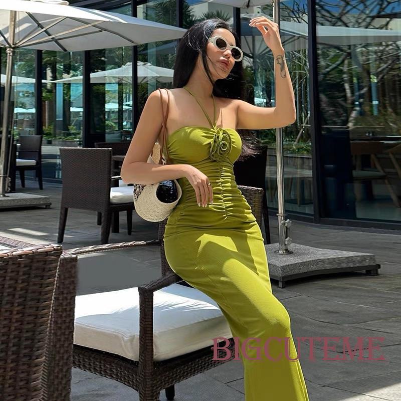 [] - Đầm Dài Trễ Vai Xếp Ly Không Tay Màu Xanh Lá Thời Trang Xuân Hè Đi Tiệc Thường Ngày Cho Nữ