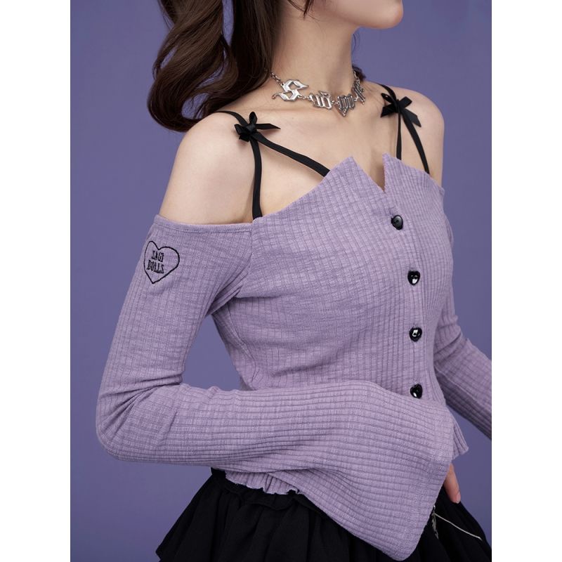 Áo baby tee Thun croptop Tay Dài Trễ Vai Màu Tím Sữa Thời Trang Dành Cho Nữ