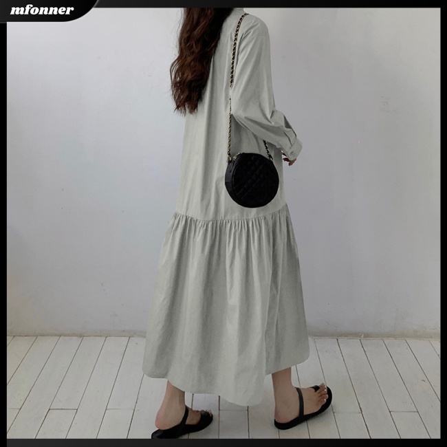 Đầm Tay Dài Dáng Rộng Cổ Đứng Màu Trơn Thời Trang Cho Nữ