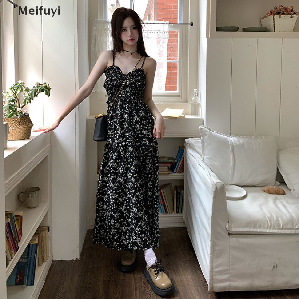 Đầm Hai Dây Cổ Chữ V Hở Lưng Màu Đen In Họa Tiết Hoa Thời Trang Đi Biển Mùa Hè Cho Bạn Gái