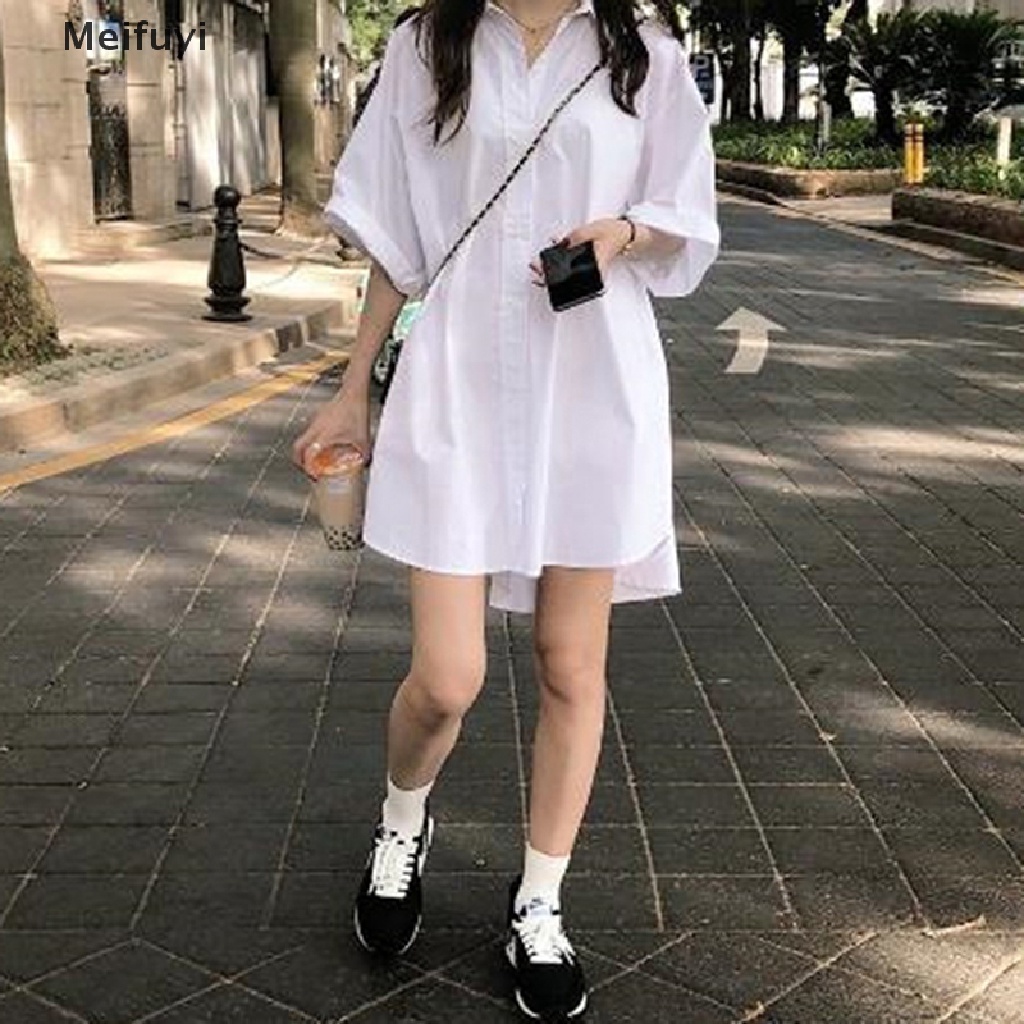 [Meifuyi] Đầm Sơ Mi Cài Nút Màu Trơn Đơn Giản Phong Cách Đường Phố Hàn Quốc BF Dễ Phối Đồ