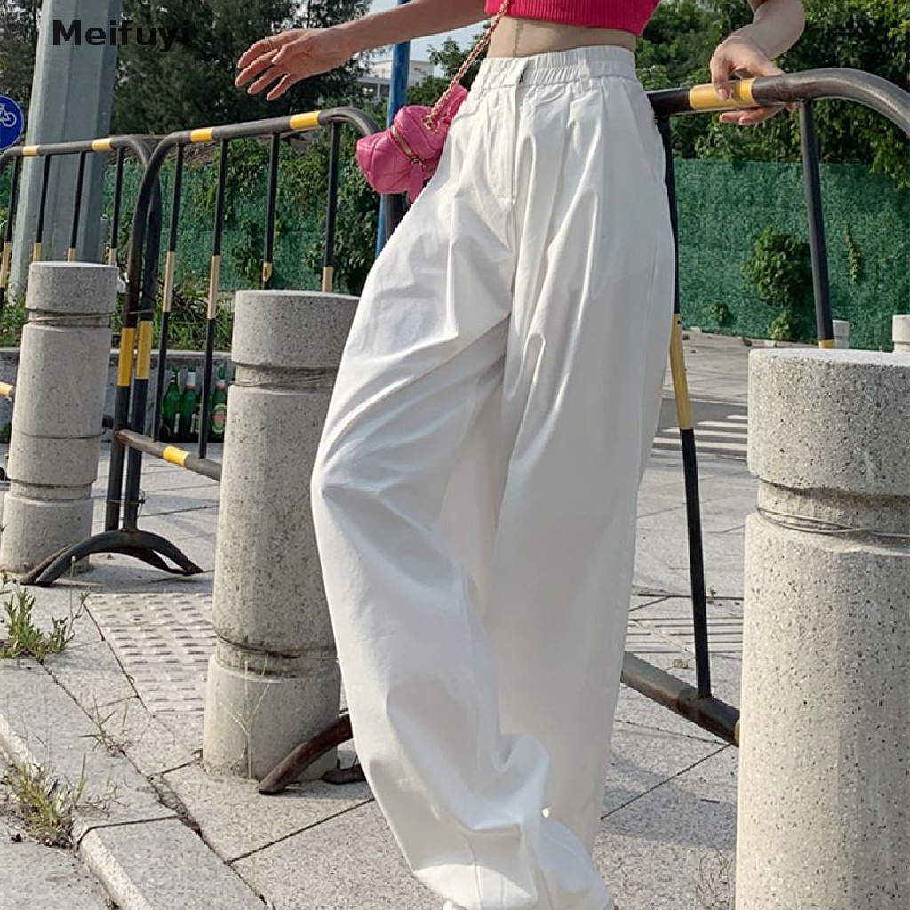 [Meifuyi] Quần Ống Rộng Lưng Cao Dáng Rộng Cài Nút Màu Trơn Phong Cách Đường Phố Trẻ Trung Giản Dị