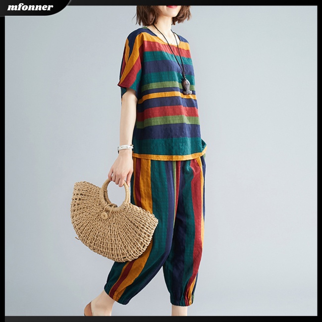 Bộ Trang Phục 2 Mảnh Gồm Áo Tay Ngắn Kẻ Sọc + Quần Harem Thân Thiện Với Da Cổ Tròn Thời Trang