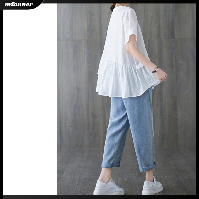 Áo Sơ Mi Vải Lanh Cotton Cổ Tròn Ngắn Tay Dáng Rộng Thời Trang Nữ