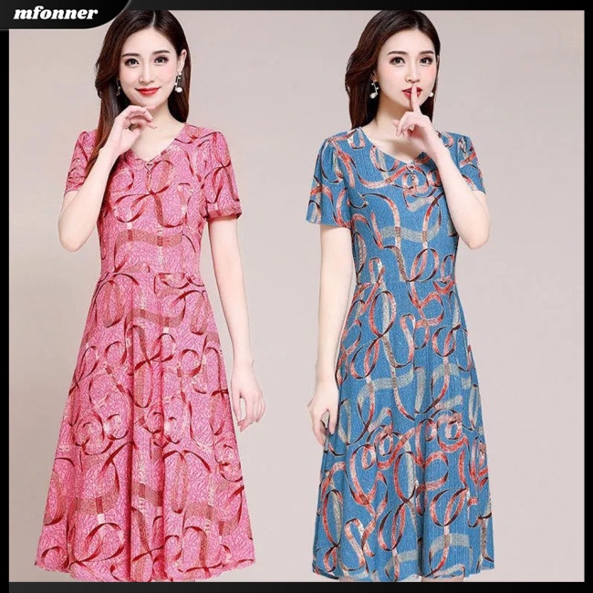 Đầm Midi Lưng Cao Cổ Chữ V In Họa Tiết Thời Trang Thoáng Khí Thân Thiện Với Da