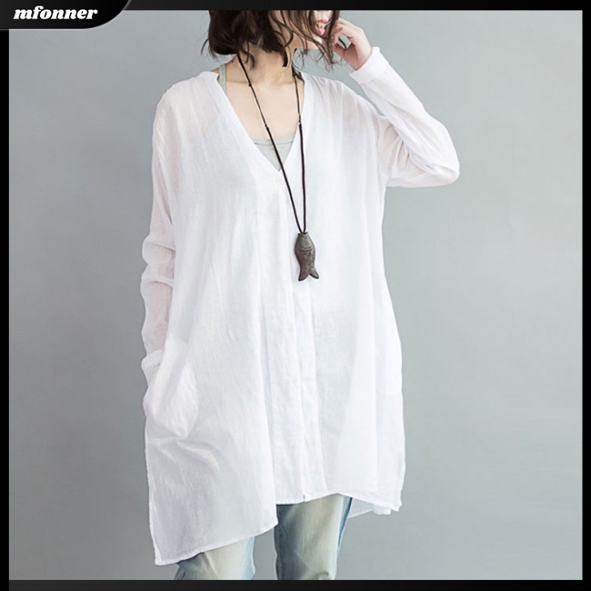 Áo Sơ Mi Tay Dài Dáng Rộng Cổ Chữ V Thời Trang Xuân Hè Cho Nữ