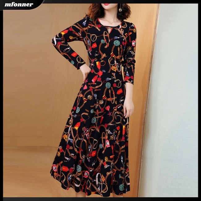 Đầm Dài Tay Cổ Tròn Họa Tiết Hoa Thời Trang Cho Nữ