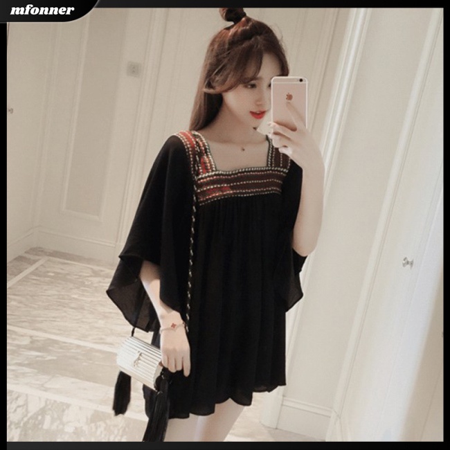 Áo Chiffon Mỏng Dáng Rộng Cổ Chữ U Thêu Họa Tiết Thổ Cẩm Thời Trang Mùa Hè Cho Nữ