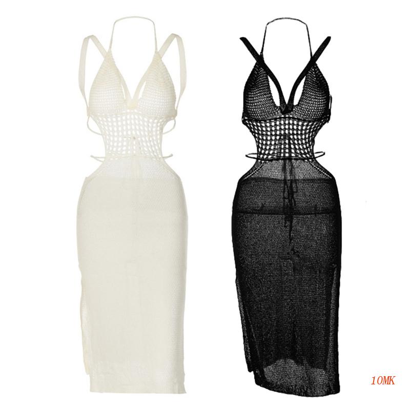 Xiangbao Đầm Midi Dệt Kim Hở Lưng Không Tay Thắt Nơ Thời Trang Mùa Hè Đi Biển Cho Nữ