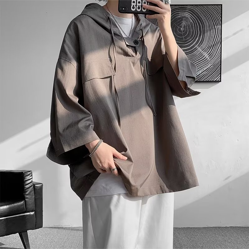 Áo Khoác Hoodie Lụa Lạnh Mỏng Tay Ngắn Phong Cách Mỹ Cổ Điển Thời Trang Mùa Hè Cho Nam