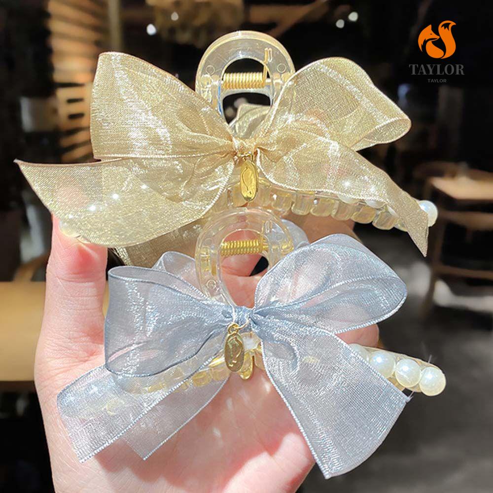 Kẹp Tóc Hình Nơ Phối Hạt Ngọc Trai Bằng Nhựa Acrylic Nhiều Màu Phong Cách Hàn Quốc Cho Nữ Taylor1