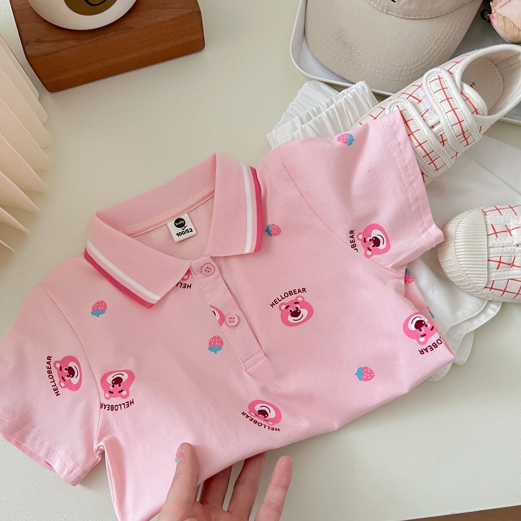 Áo Thun Polo Ngắn Tay Họa Tiết Hoạt Hình Gấu Và Dâu Tây Thời Trang Mùa Hè Cho Bé Gái