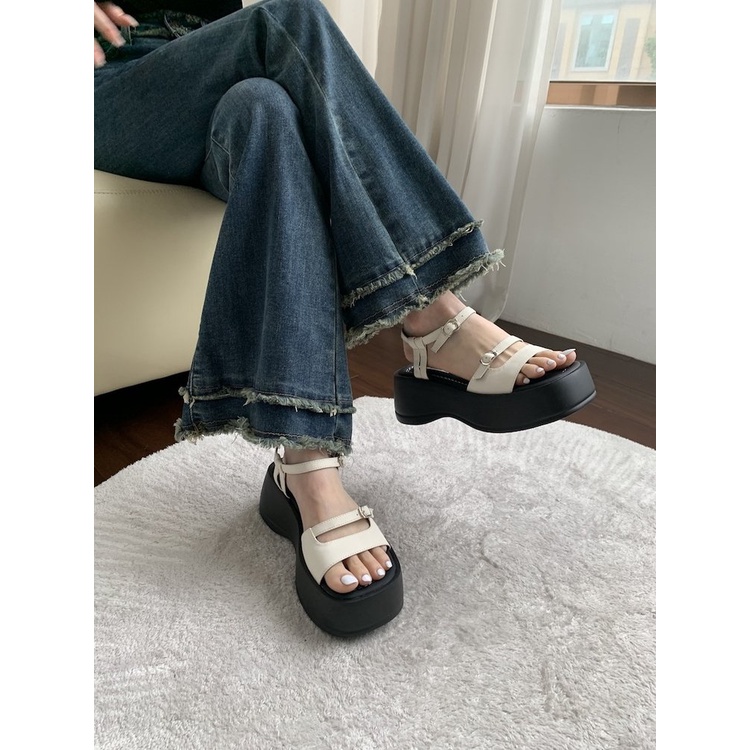 Giày Sandal Bằng Da PU Đế Bằng 4CM Hở Ngón Màu Trơn Thời Trang Mùa Hè Dành Cho Nữ