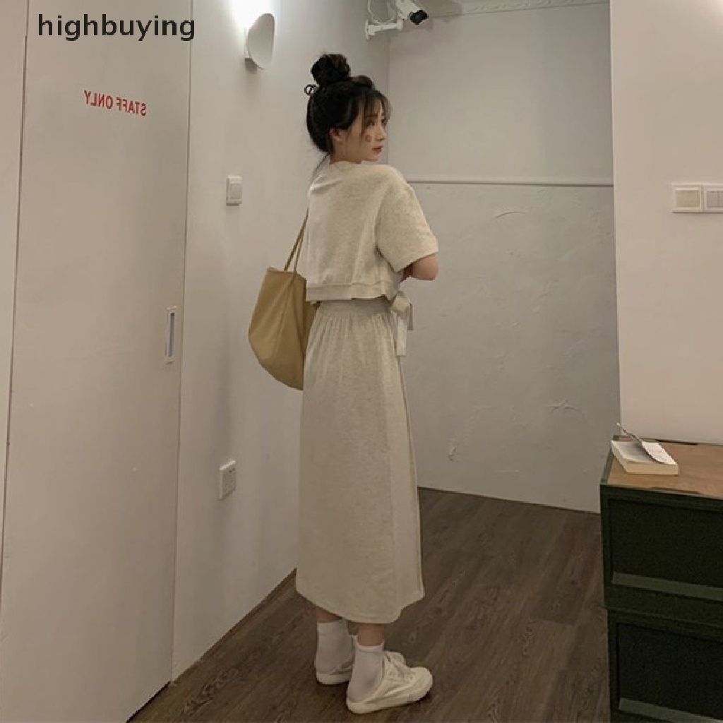 Set Áo Thun Ngắn Tay + Chân Váy Dài In Chữ Phong Cách Hàn Quốc Cho Nữ