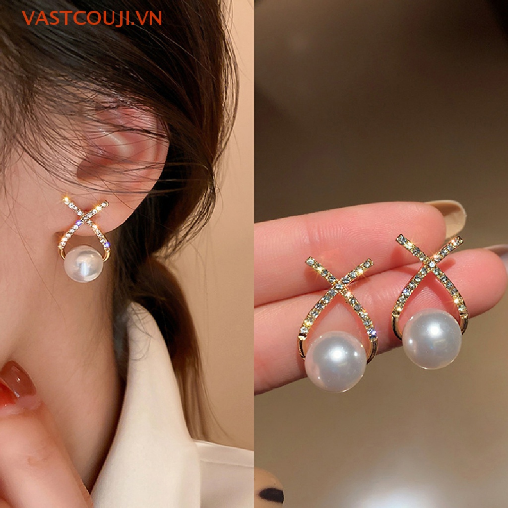 1 Cặp Bông Tai Ngọc Trai Giả Hình Chữ X Đính Kim Cương Giả &amp; Ngọc Trai Thời Trang Cho Nữ