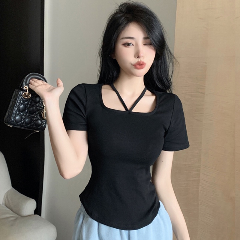 SUXI Áo Thun Tay Ngắn Cổ Vuông Màu Trơn Thời Trang Mùa Hè Cho Nữ