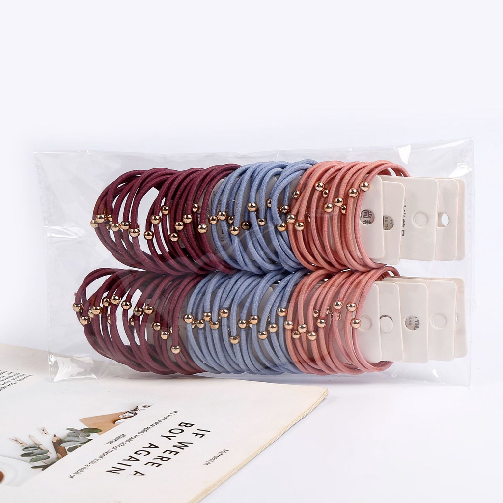 Set 4 Dây Cột Tóc Cao Su Co Giãn Đính Hạt Vàng Siêu Mịn Đơn Giản Phong Cách Hàn Quốc