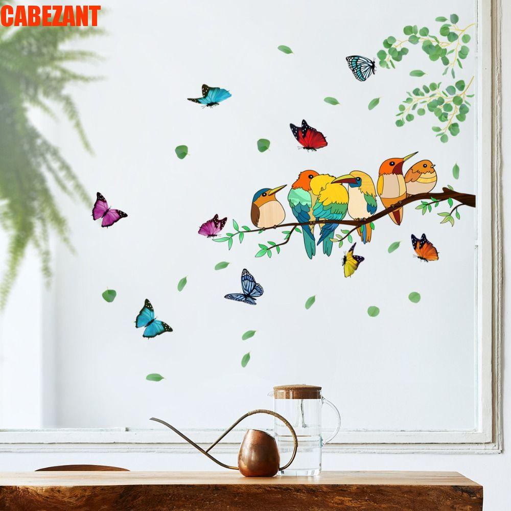 Miếng Dán Cửa Kính / Cửa Sổ / Cửa Ra Vào Không Dính Họa Tiết Nhánh Cây Và Chim 3D Sáng Tạo Có Thể Tháo Rời