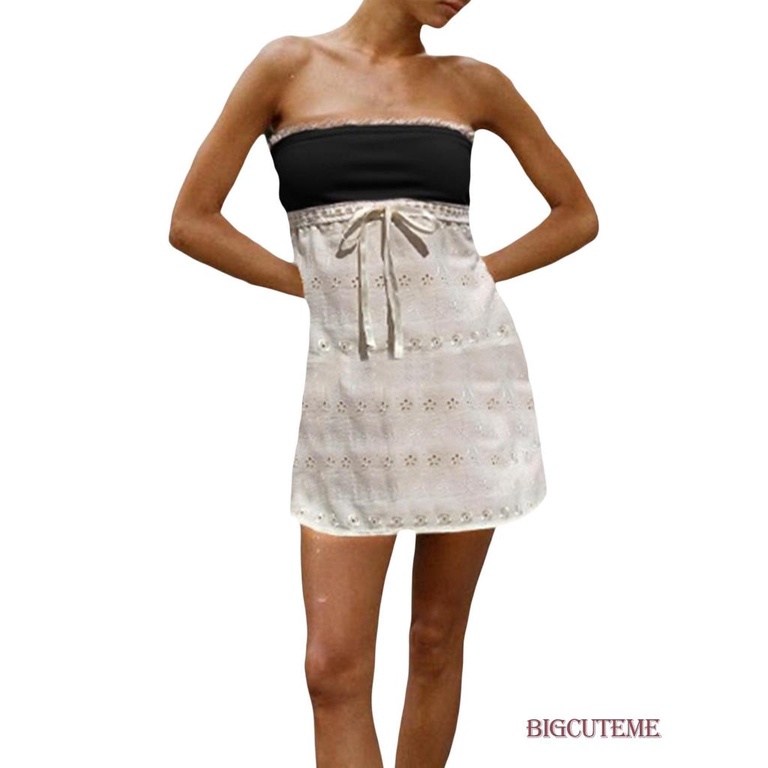 [] - Đầm Ống Ngắn Hở Vai Thêu Họa Tiết Màu Tương Phản Thời Trang Mùa Hè Dành Cho Nữ