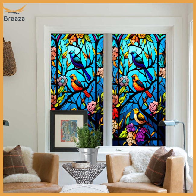 Phim Dán Cửa Kính Họa Tiết Hoa Và Chim Nhiều Màu Sắc Cách Nhiệt Chống Tia Uv