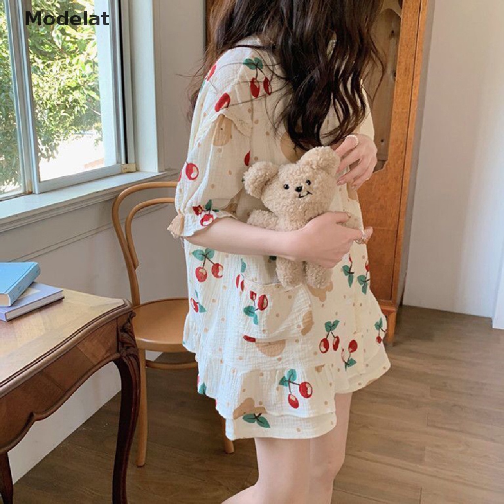 Mfc Bộ Đồ Ngủ 2 Món Tay Ngắn Cổ Bẻ In Họa Tiết Hoạt Hình Chú Gấu / Cherry Đáng Yêu Thời Trang Mùa Hè Cho Nữ
