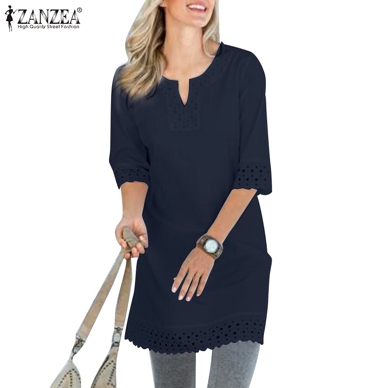 ZANZEA Áo Nữ Tay Lửng Cổ Chữ V Phối Ren Thời Trang