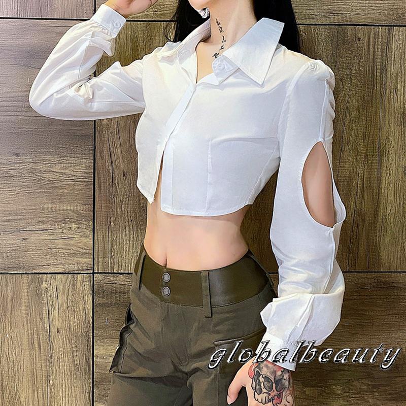 Áo Croptop Tay Dài Cổ Bẻ Màu Trơn Dáng Ôm Cài Khuy Thời Trang Mùa Xuân Dành Cho Bạn Nữ